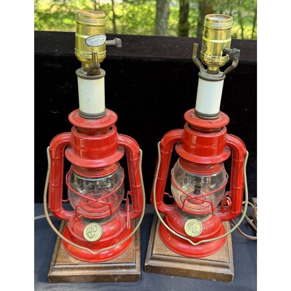 2 Amazing Vintage Dietz Red Ranch Craft Table Lamps Lantern XLong Cord -12